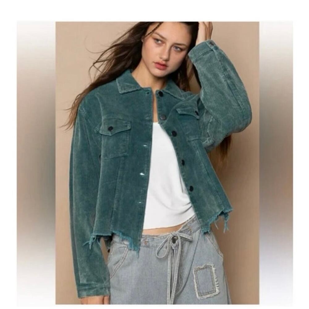 POL Teal Green Mineral wash Corduroy Raw Hem Trucker Jacket Relaxed Fit Lrg New